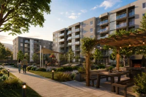Proyecto inmobiliario con áreas comunes para compra de vivienda con crédito hipotecario